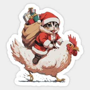 Christmas, Funny Cat on a Chicken - 2 Sticker